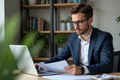 Jeune homme professionnel travaillant sur un ordinateur dans un bureau organisé