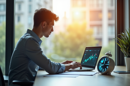 Jeune professionnel confiant travaillant sur un ordinateur avec graphiques de cybersécurité