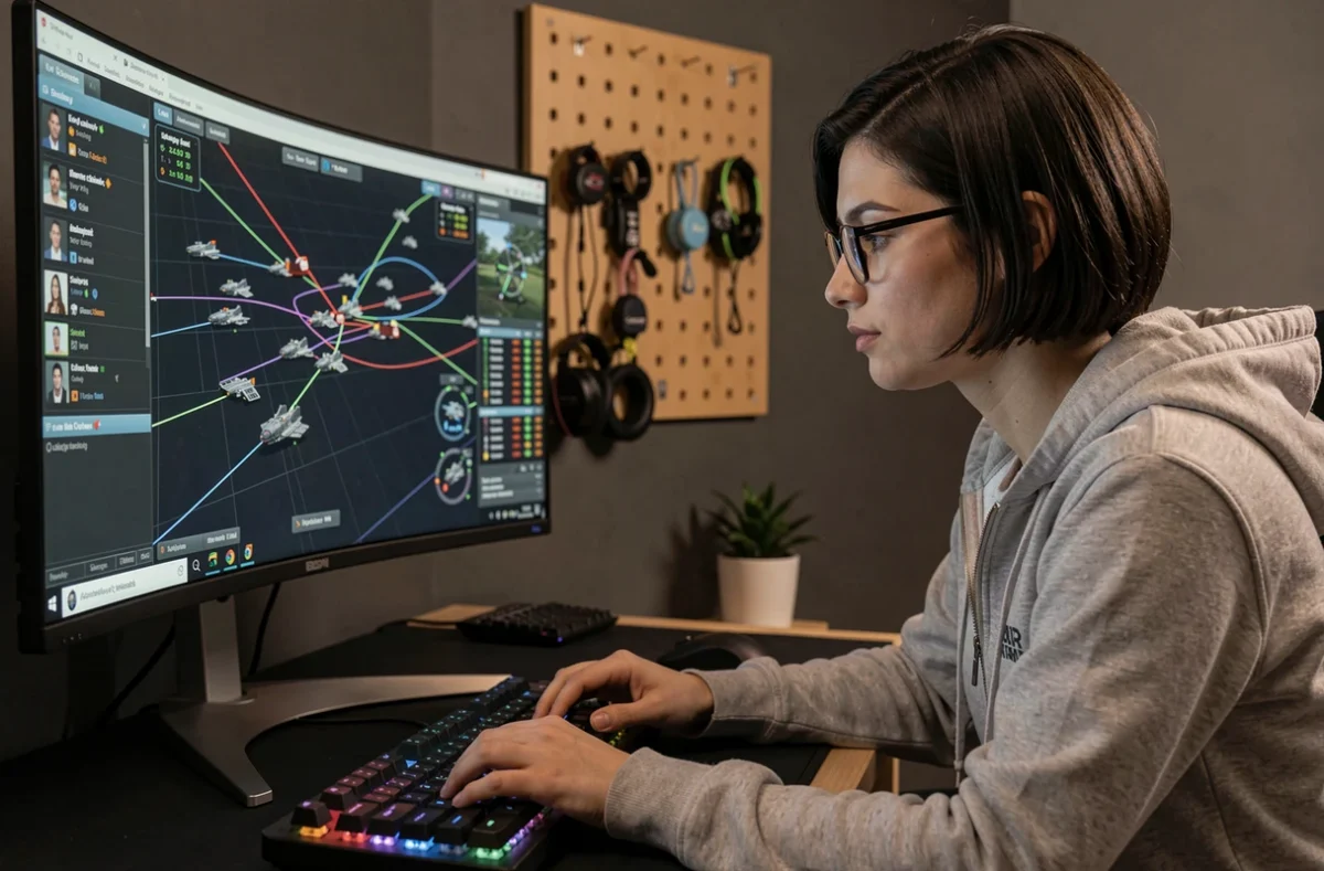 Joueuse Eve Online en tant que fleet commander utilisant un écran étendu 21/9 pour visualiser toute la flotte en un coup d'œil