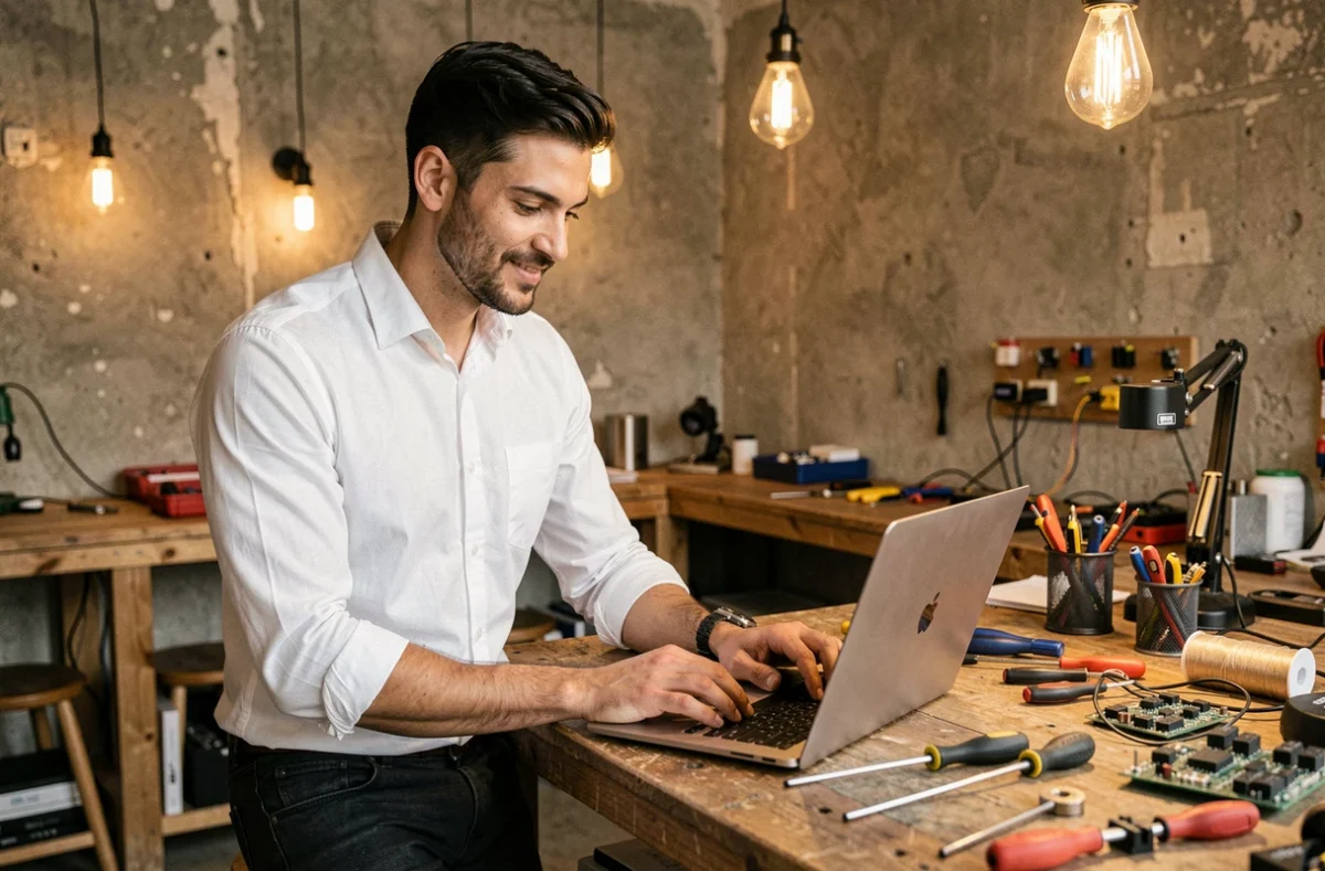 Technicien du Lab' Du Digital réparant un MacBook Pro dans un atelier au style créatif