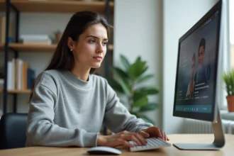 Femme utilisant un logiciel de sous-titrage automatique vidéo sur un grand écran d'ordinateur dans un bureau moderne