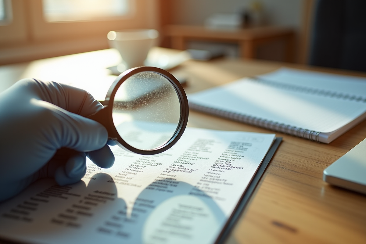 Mains tenant une loupe sur une liste de noms de domaine avec extensions
