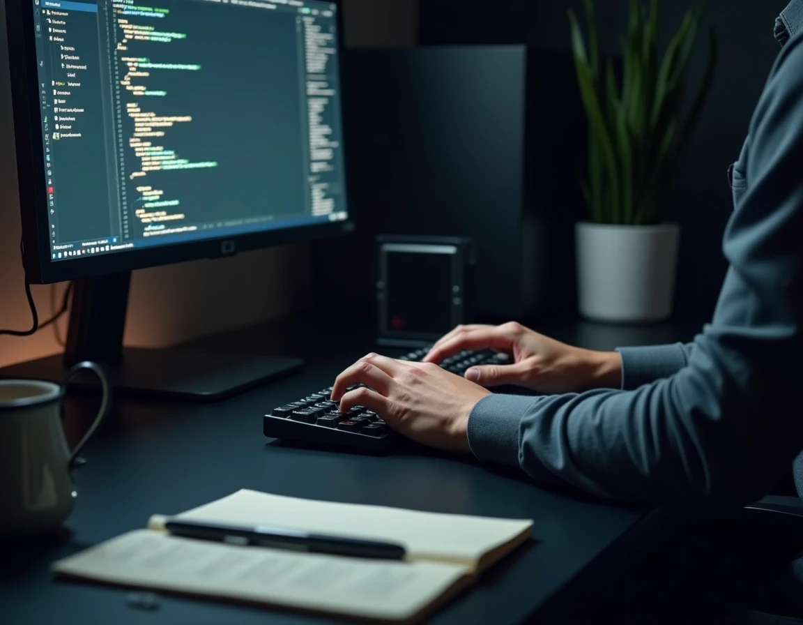 Gros plan sur les mains d'un programmeur structurant un projet Python avec arborescence de modules dans un terminal