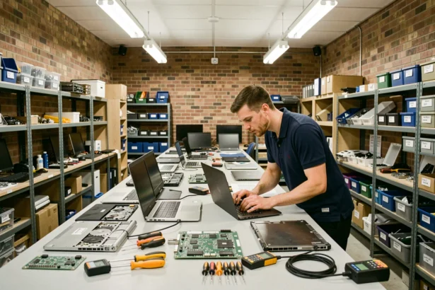 Technicien en train de réparer des ordinateurs dans un atelier professionnel en Île-de-France