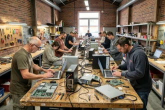 Atelier de réparation informatique dans le Nord avec techniciens au travail sur des ordinateurs