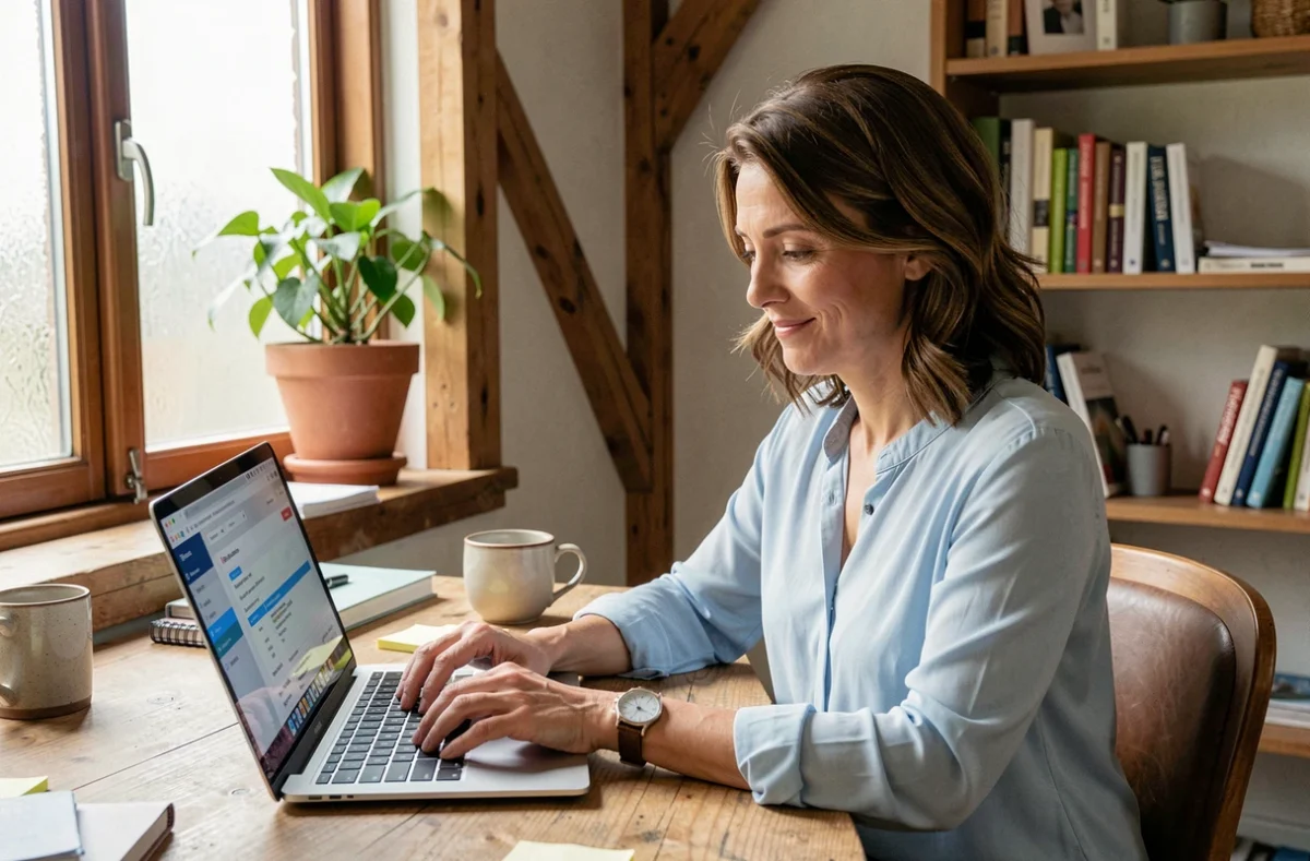 Femme utilisant une messagerie en ligne Mel ouvert Normandie sur son ordinateur portable dans un bureau à domicile normand
