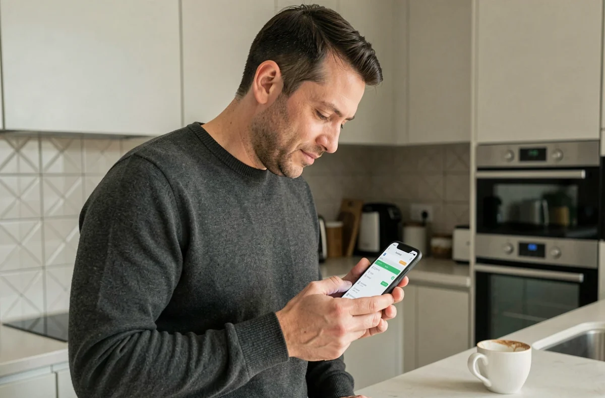 Homme consultant ses emails Mel ouvert Normandie sur smartphone dans une cuisine moderne