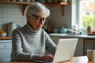 Mère d'étudiant consultant le portail eservice UHA sur son ordinateur portable dans une cuisine familiale