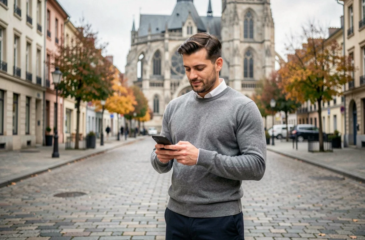 Homme d'affaires utilisant sa messagerie professionnelle sur mobile dans les rues de Metz