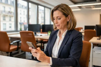 Femme professionnelle consultant sa messagerie professionnelle sur smartphone dans un bureau moderne de Nancy