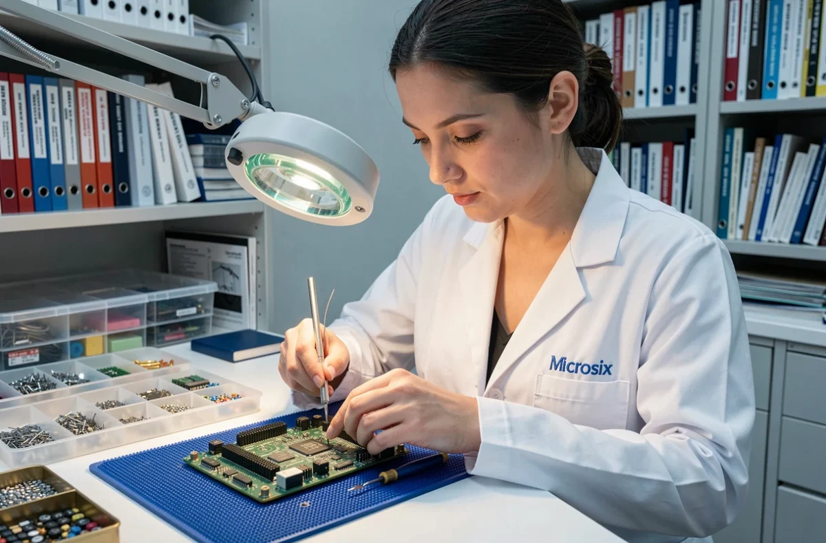 Technicienne Microsix effectuant une soudure de précision sur une carte mère dans un laboratoire