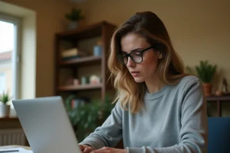 Femme utilisant le mode navigation privée sur son ordinateur portable dans un bureau à domicile