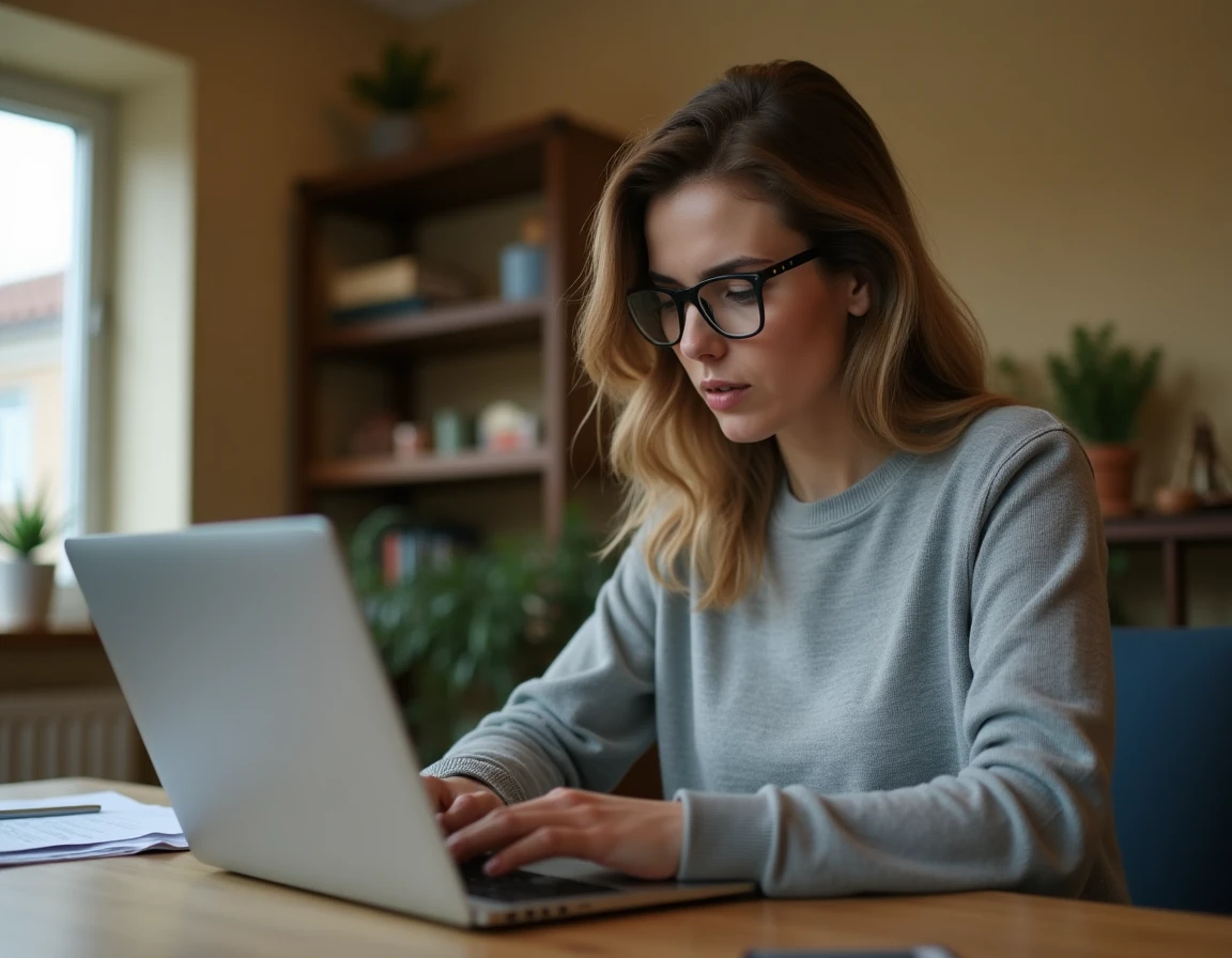Femme utilisant le mode navigation privée sur son ordinateur portable dans un bureau à domicile