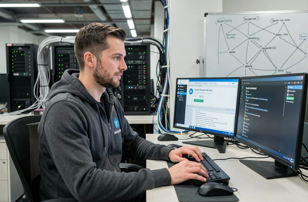 Professionnel IT de NebSystem travaillant sur la récupération de données à son bureau