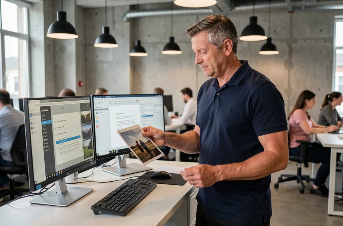Homme comparant une photo imprimée avec un logiciel de compression PDF sur double écran en open space