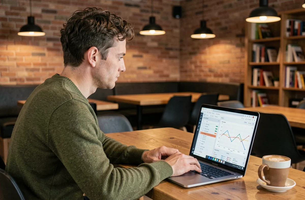 Un jeune professionnel en espace de coworking explorant un outil de business intelligence pour remplacer Excel