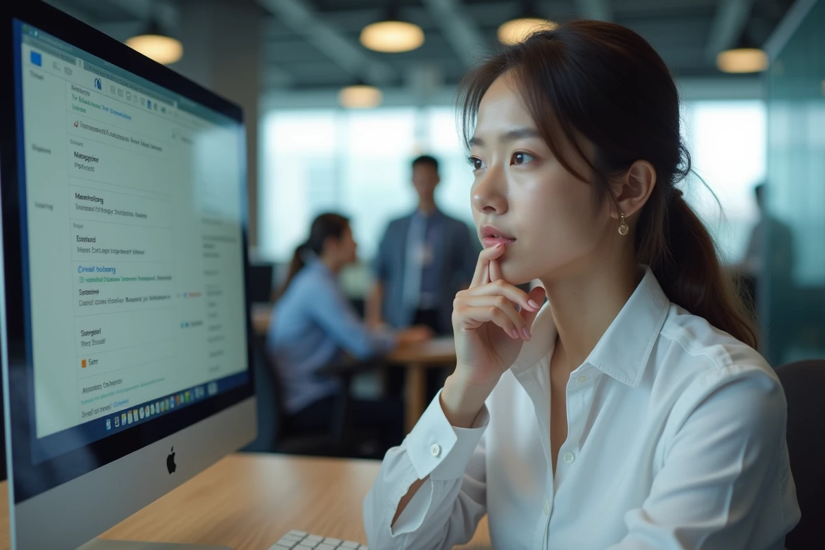 Femme en train de paramétrer les redirections de son webmail professionnel sur un ordinateur de bureau en open space