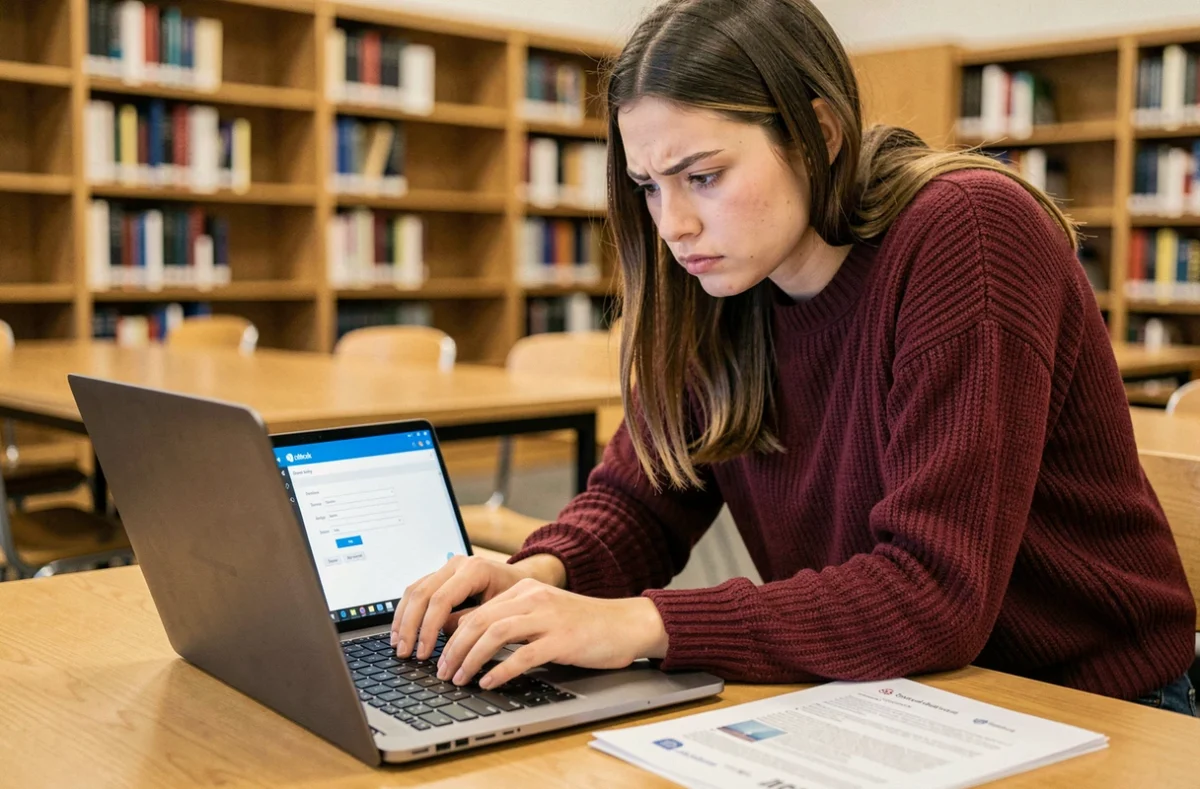 Étudiante paramétrant le webmail académique de Bordeaux sur Outlook dans une bibliothèque universitaire