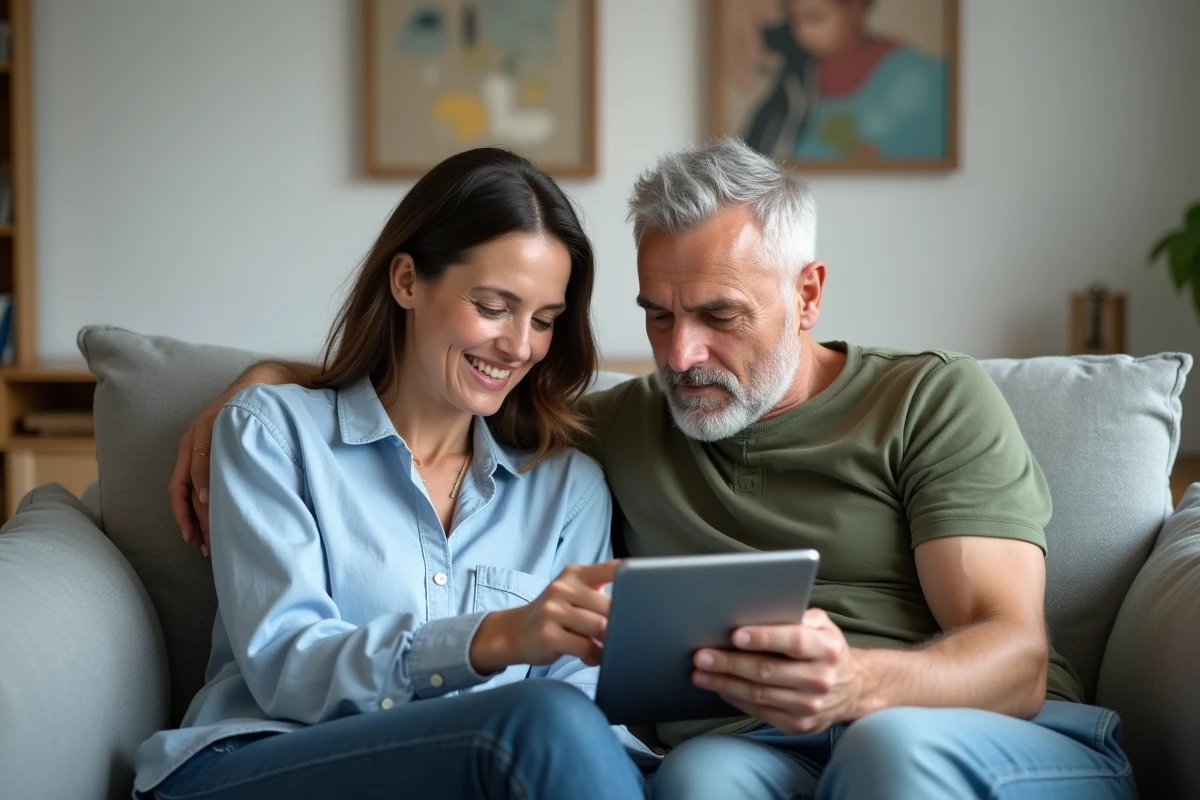 Couple de parents consultant ensemble le service en ligne eservice UHA sur une tablette dans leur salon