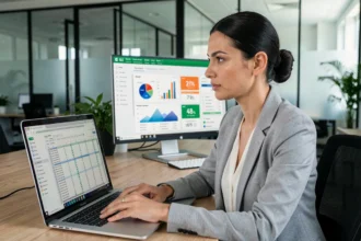 Une professionnelle en bureau moderne comparant un tableau Excel complexe à un tableau de bord BI interactif sur deux écrans