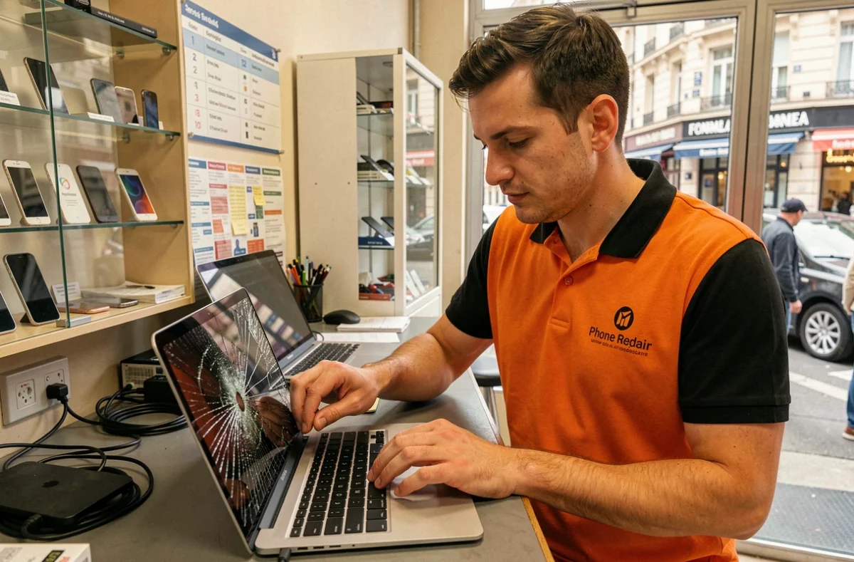 Technicien PC Phone Repair remplaçant l'écran fissuré d'un ordinateur portable