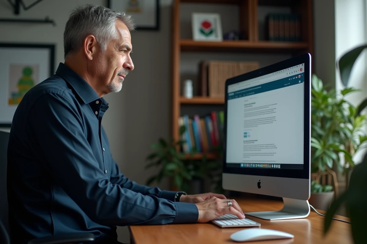 Père d'étudiant naviguant sur le site administratif eservice de l'Université de Haute-Alsace depuis son bureau à domicile