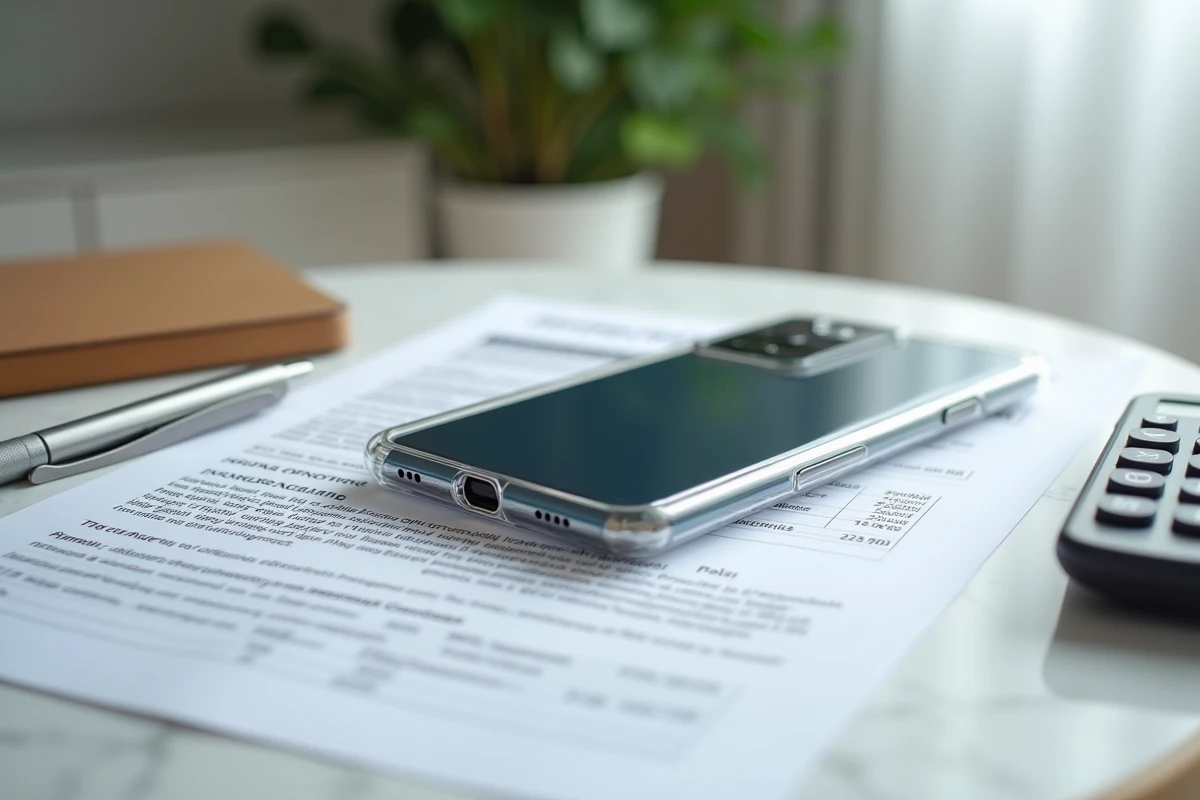 Samsung Galaxy S23 posé avec une police d'assurance mobile et une calculatrice sur une table