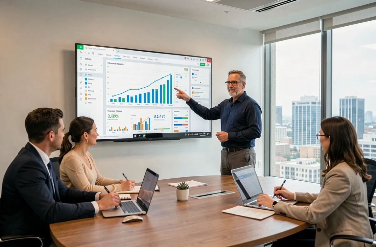 Un manager présentant un tableau de bord décisionnel BI à son équipe lors d'une réunion d'entreprise