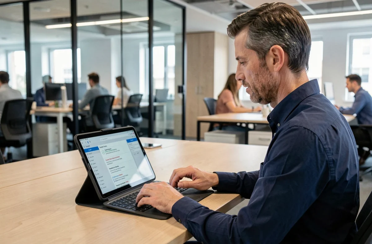 Homme accédant au presse-papier Samsung sur tablette Galaxy avec clavier physique en environnement professionnel