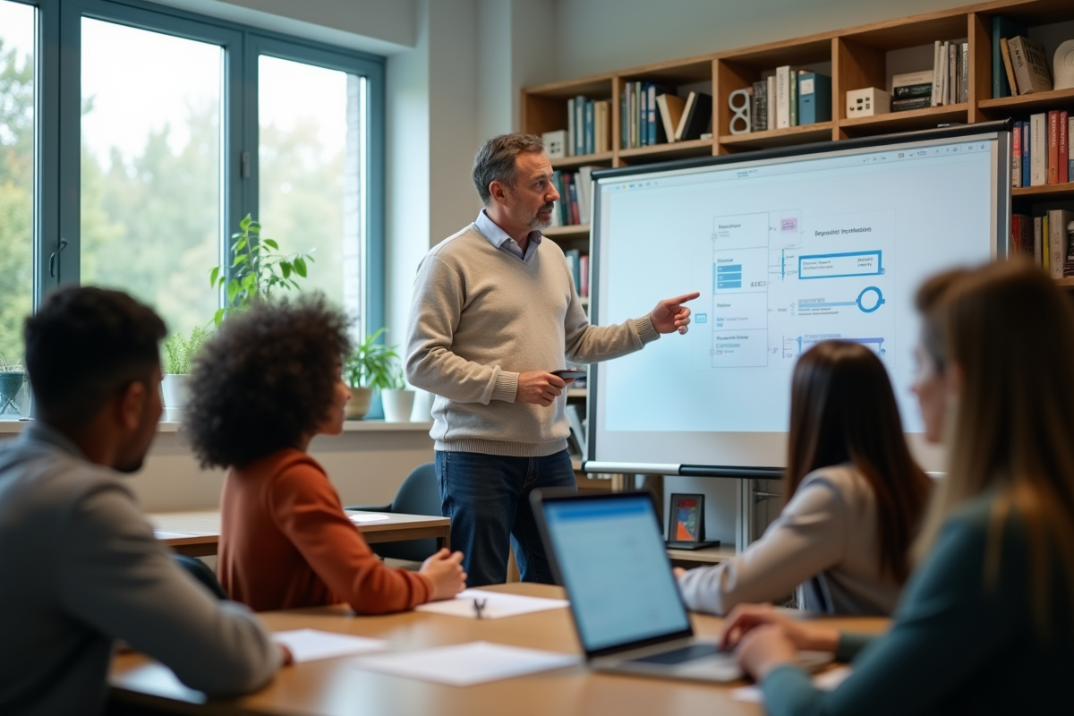 Professeur montrant plateforme digitale à des élèves en classe