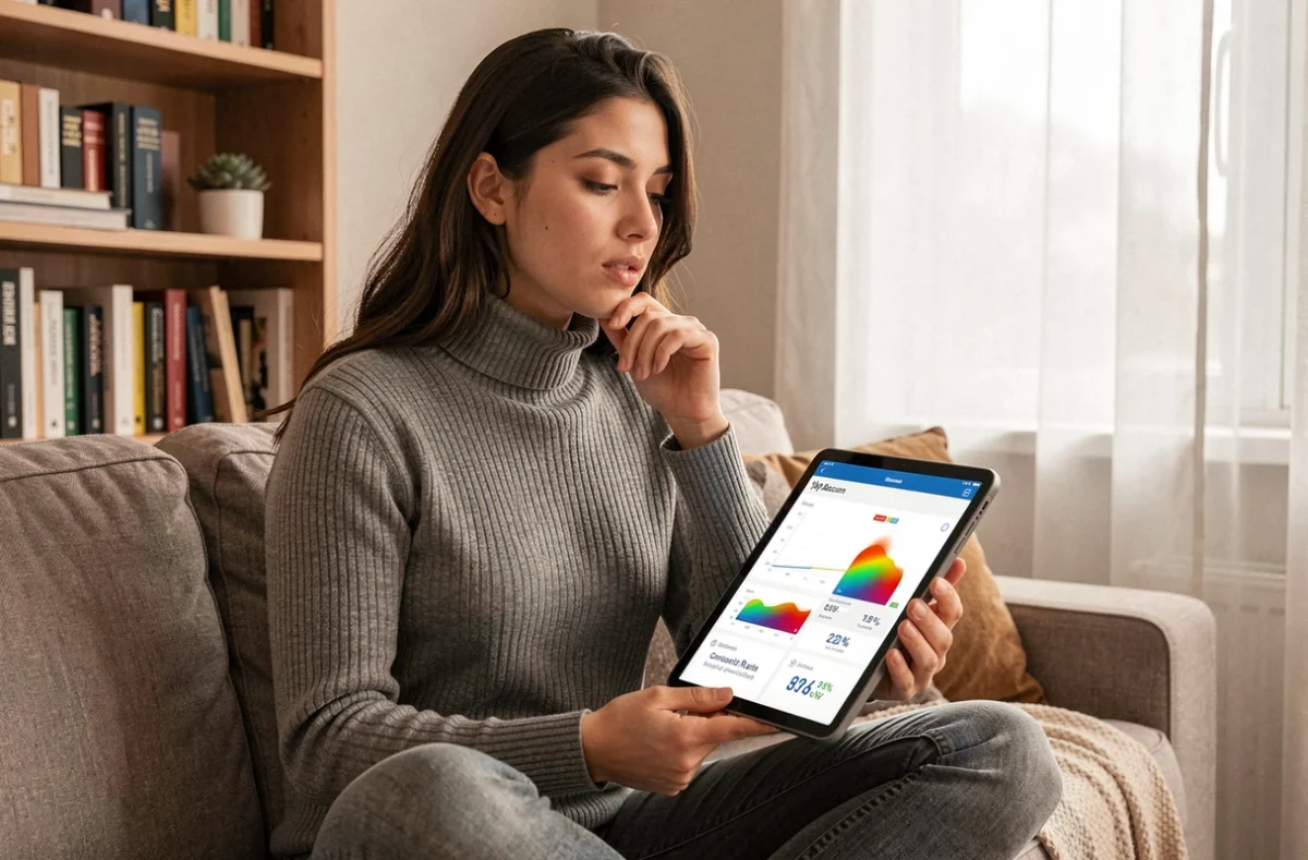 Jeune professionnelle consultant un rapport d'analytique beacon sur tablette dans un bureau à domicile
