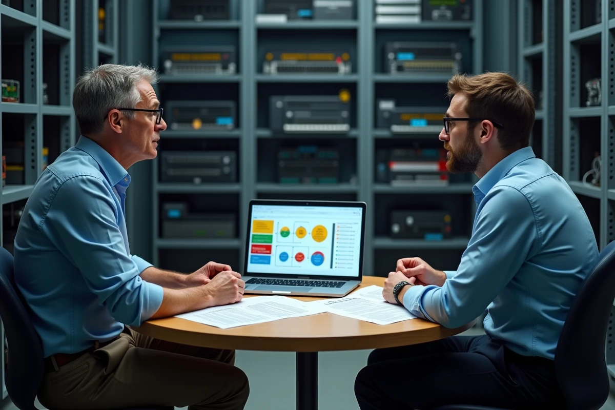 Deux professionnels IT analysant ensemble un modèle de sécurité imprimé dans un laboratoire réseau