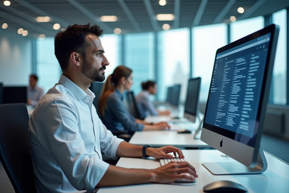 Homme récupérant des pièces jointes perdues via un logiciel de récupération de données sur un poste de travail professionnel