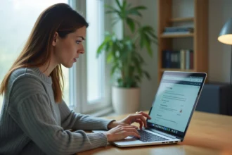 Femme récupérant un mail supprimé sur son ordinateur portable dans un bureau à domicile
