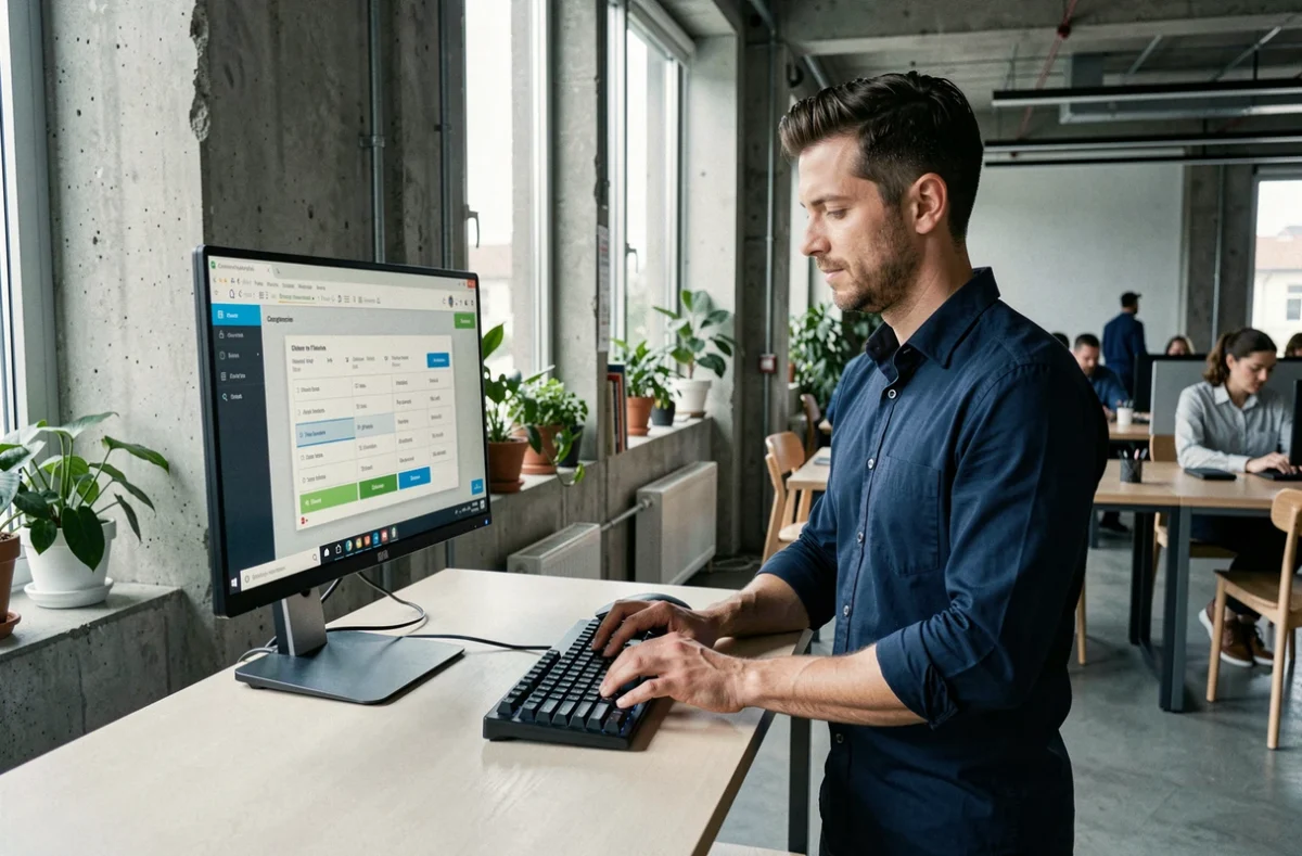 Rédacteur masculin utilisant un outil compteur de caractères sur grand écran dans un bureau moderne en open space