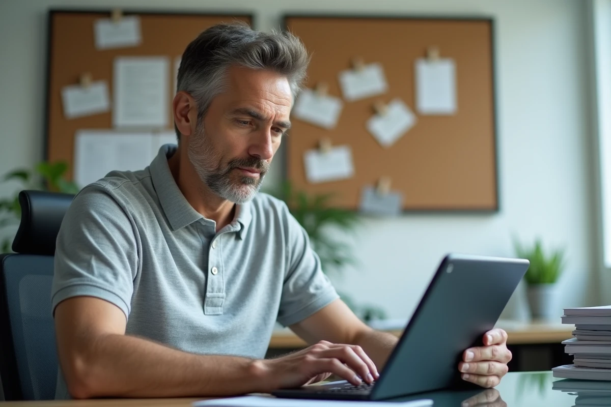 Homme utilisant une tablette pour configurer la redirection de messagerie dans un bureau institutionnel