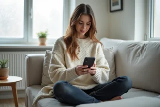Jeune femme consultant discrètement des stories Instagram sur son smartphone dans un salon minimaliste