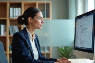 Femme professionnelle configurant les réglages de messagerie académique webmail sur un ordinateur de bureau dans un bureau universitaire