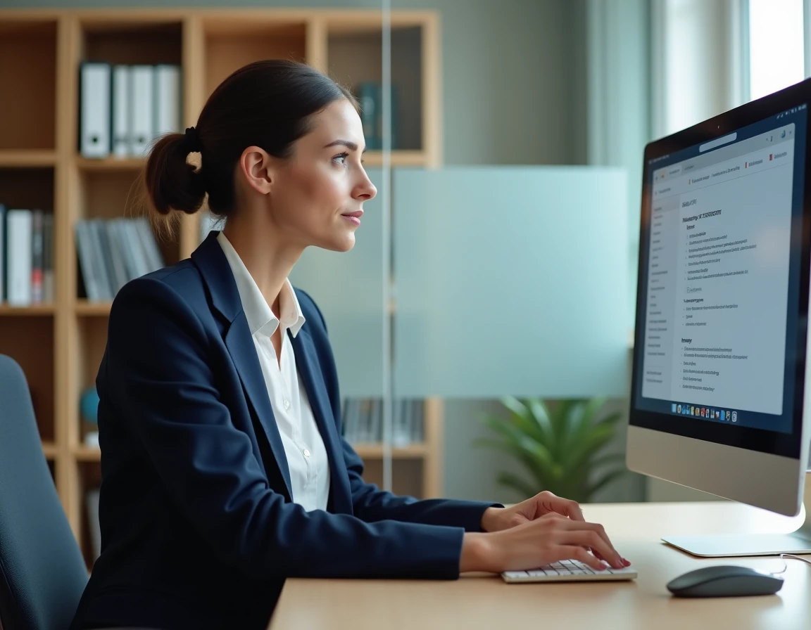 Femme professionnelle configurant les réglages de messagerie académique webmail sur un ordinateur de bureau dans un bureau universitaire