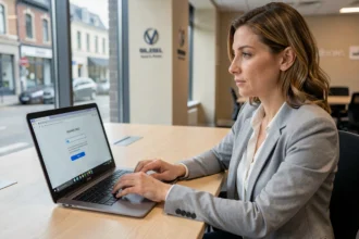 Femme professionnelle réinitialisant son mot de passe sur un ordinateur portable dans un bureau moderne à Orléans