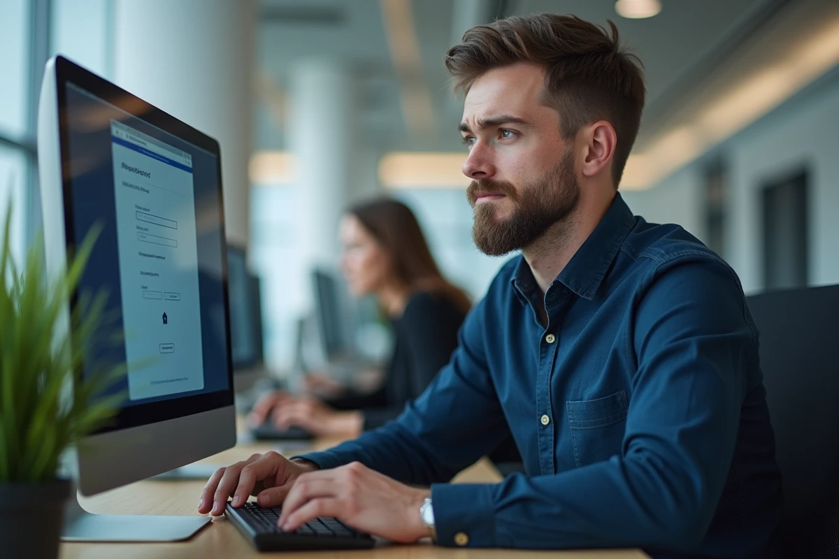 Homme consultant un formulaire de réinitialisation de mot de passe webmail sur un ordinateur de bureau dans un bureau universitaire