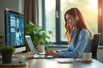 Représentant service client utilisant un ordinateur dans un bureau lumineux