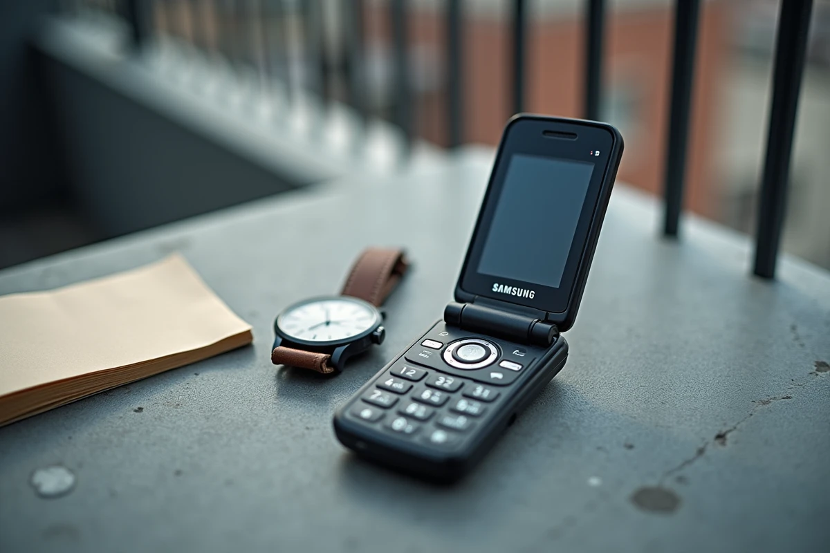 Vue de dessus d'un Samsung E250 posé sur du béton avec une montre analogique, illustrant la simplicité technologique et la réduction des distractions