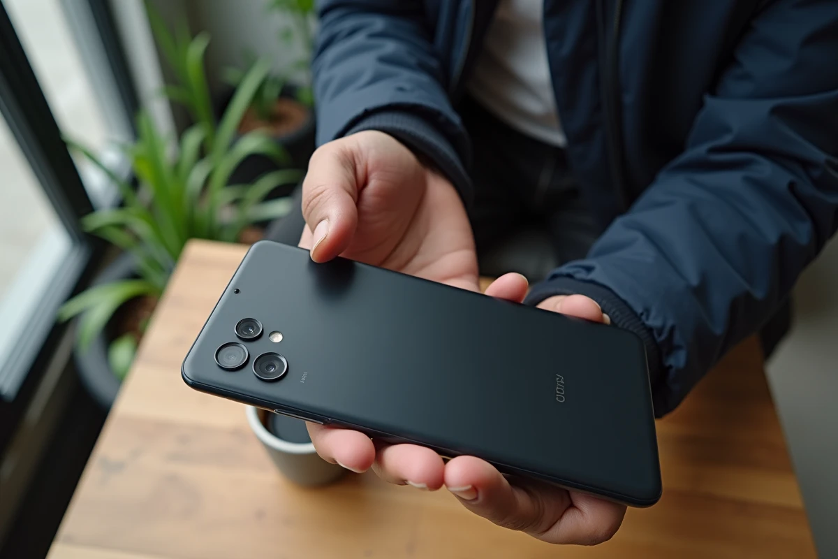 Homme examinant les capteurs photo du Samsung Galaxy A25 posé sur une table de café minimaliste