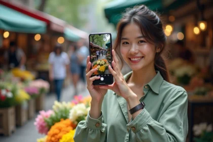 Jeune femme photographiant des fleurs avec un Samsung Galaxy A25 dans un marché urbain en plein air