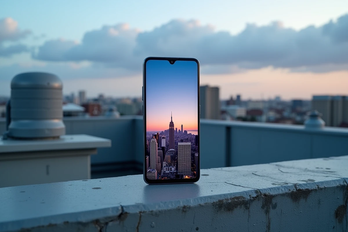 Samsung Galaxy A25 posé sur un rebord en béton avec une photo de paysage urbain affichée à l'écran