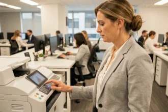 Femme scannant un document sur une imprimante réseau partagée dans un bureau open space moderne
