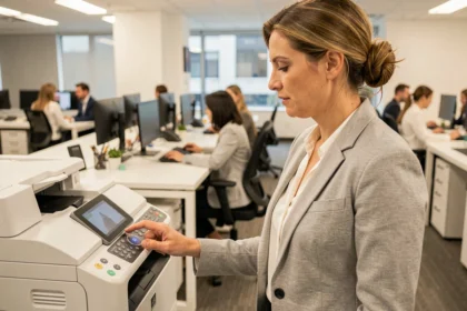 Femme scannant un document sur une imprimante réseau partagée dans un bureau open space moderne
