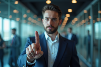 Jeune homme en costume utilisant un scanner d'empreintes dans un bureau