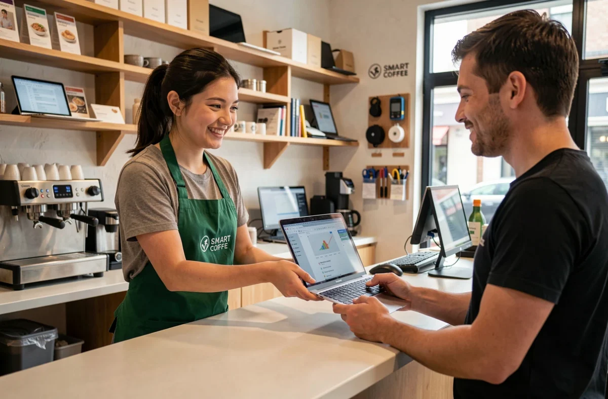 Technicienne de Smart Coffee remettant un ordinateur réparé à un client dans un espace café-réparation